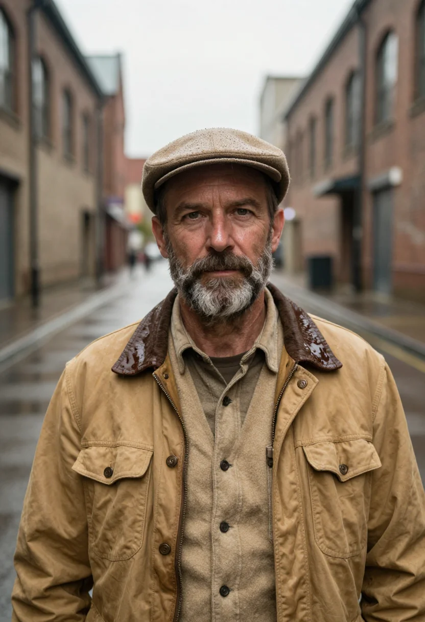 AI filson seattle rain tan sample — portrait of a man, framed tight, head and shoulders, the bod