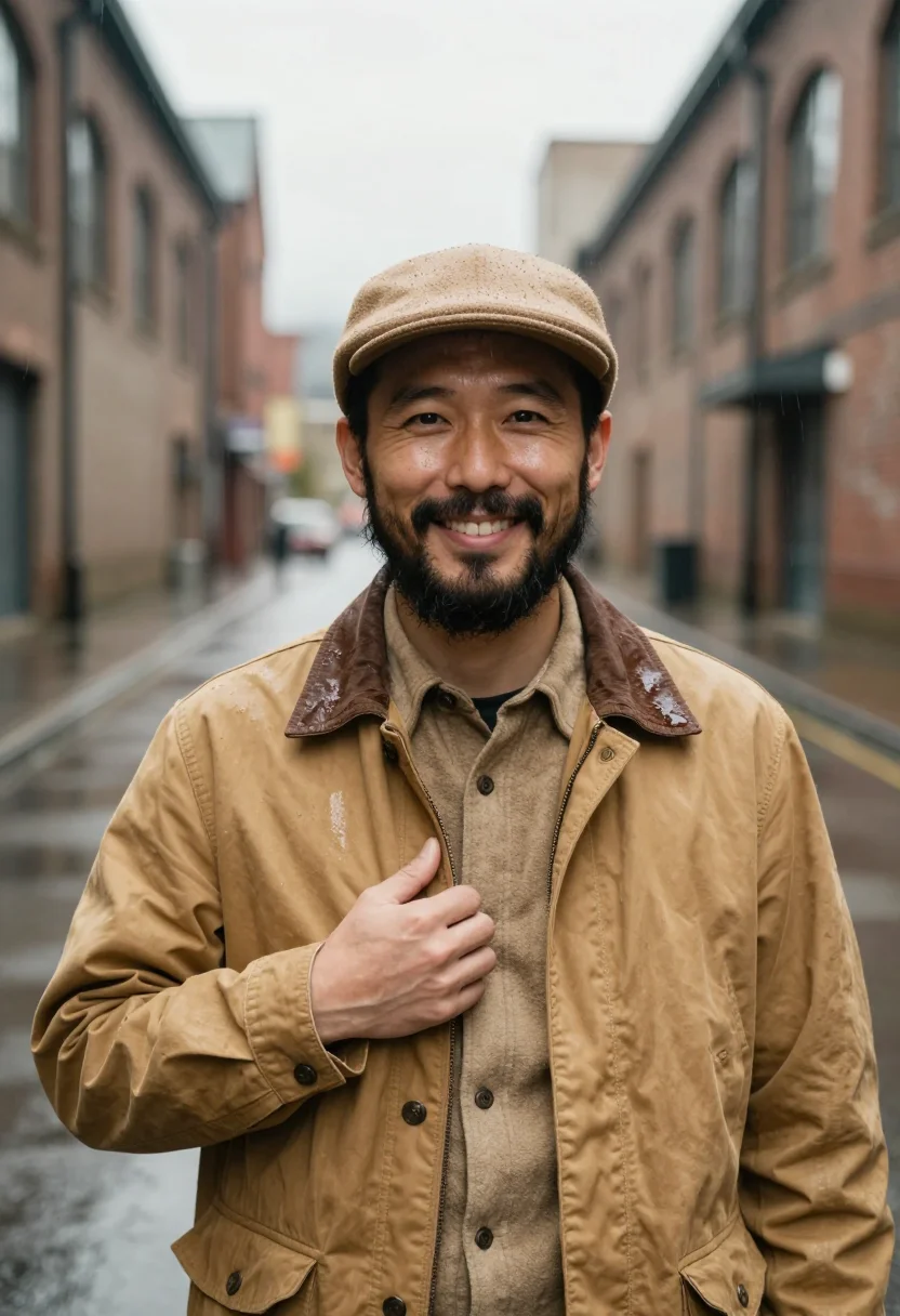 AI filson seattle rain tan sample — portrait of a man, framed chest-up, cropped at the ribs, the