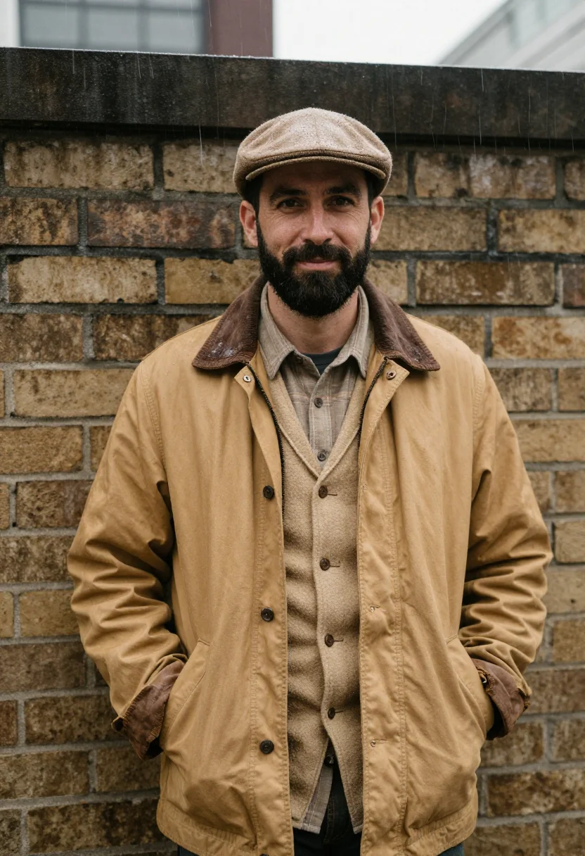 AI filson seattle rain tan sample — portrait of a man, framed three-quarter length from the head