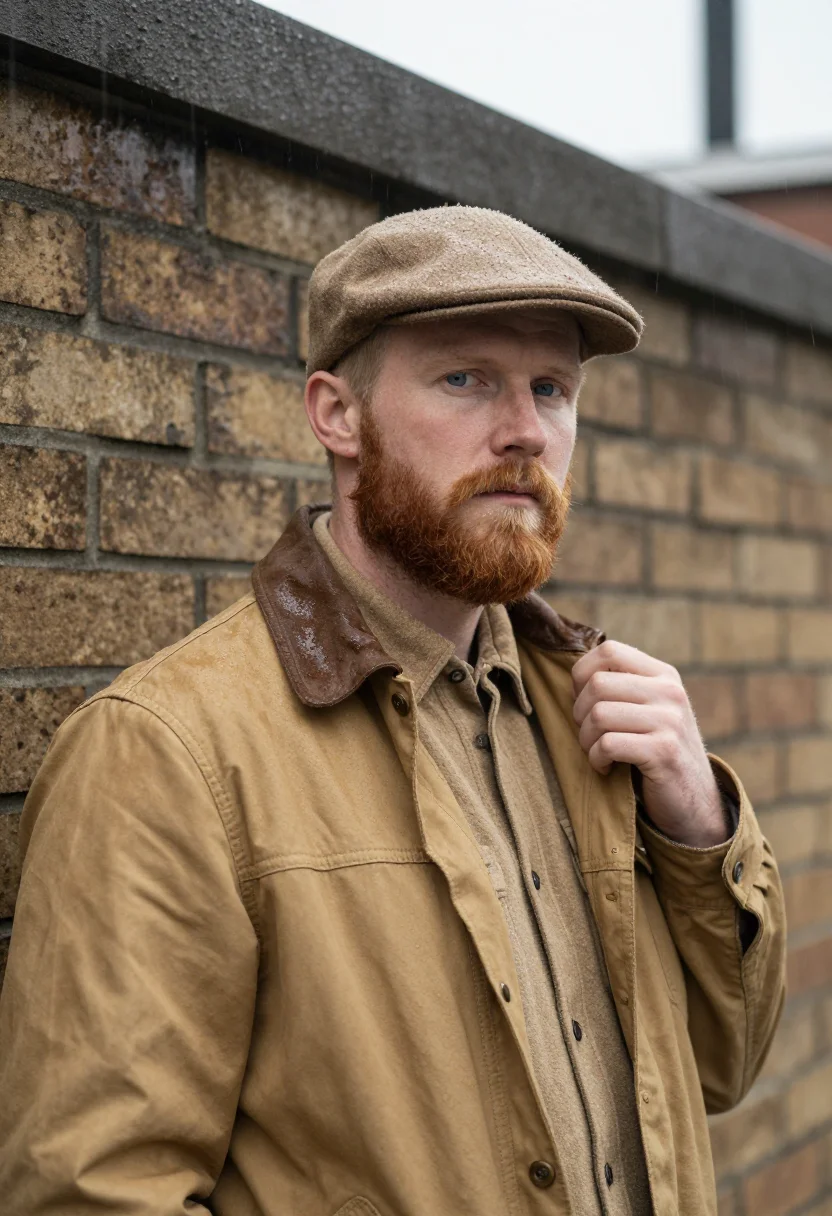 AI filson seattle rain tan sample — portrait of a man, framed chest-up, cropped at the ribs, the