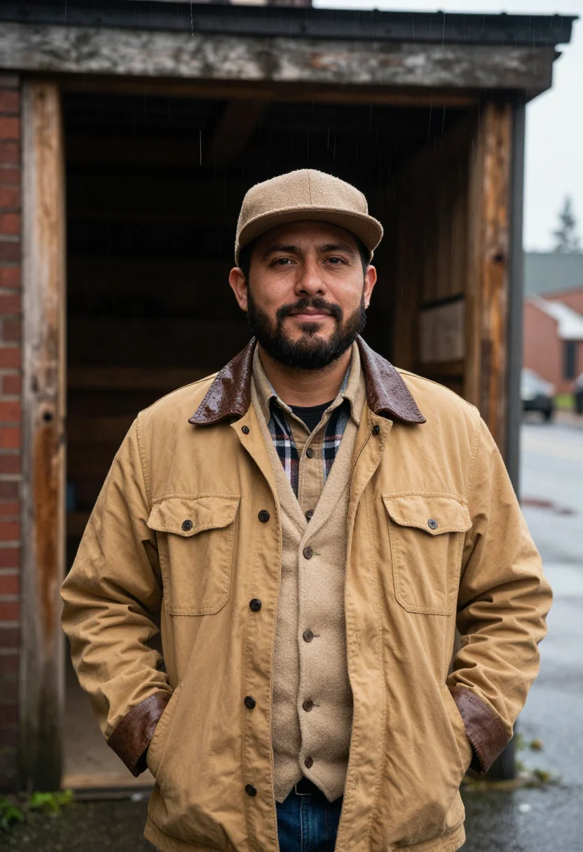 AI filson seattle rain tan sample — portrait of a man, framed half-length from the head to the h