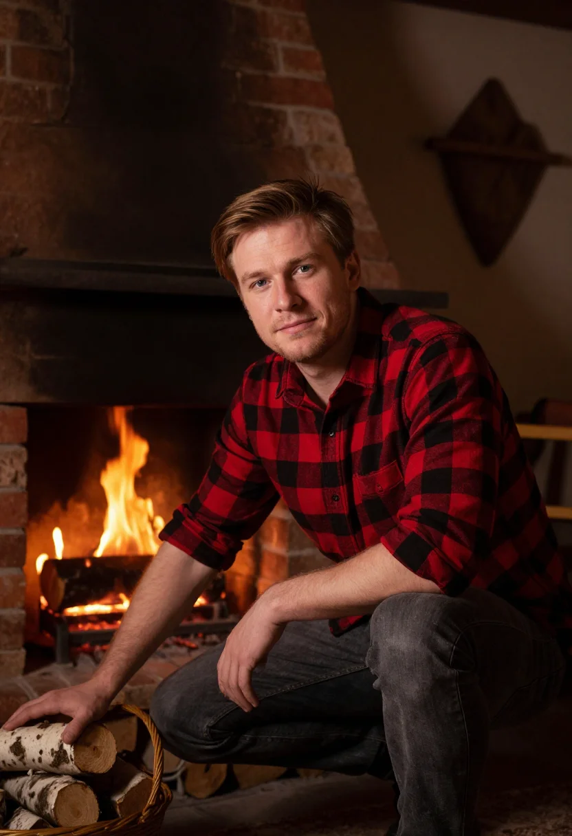 AI fireplace evening sample — portrait of a man, close half-length portrait of a Central-E
