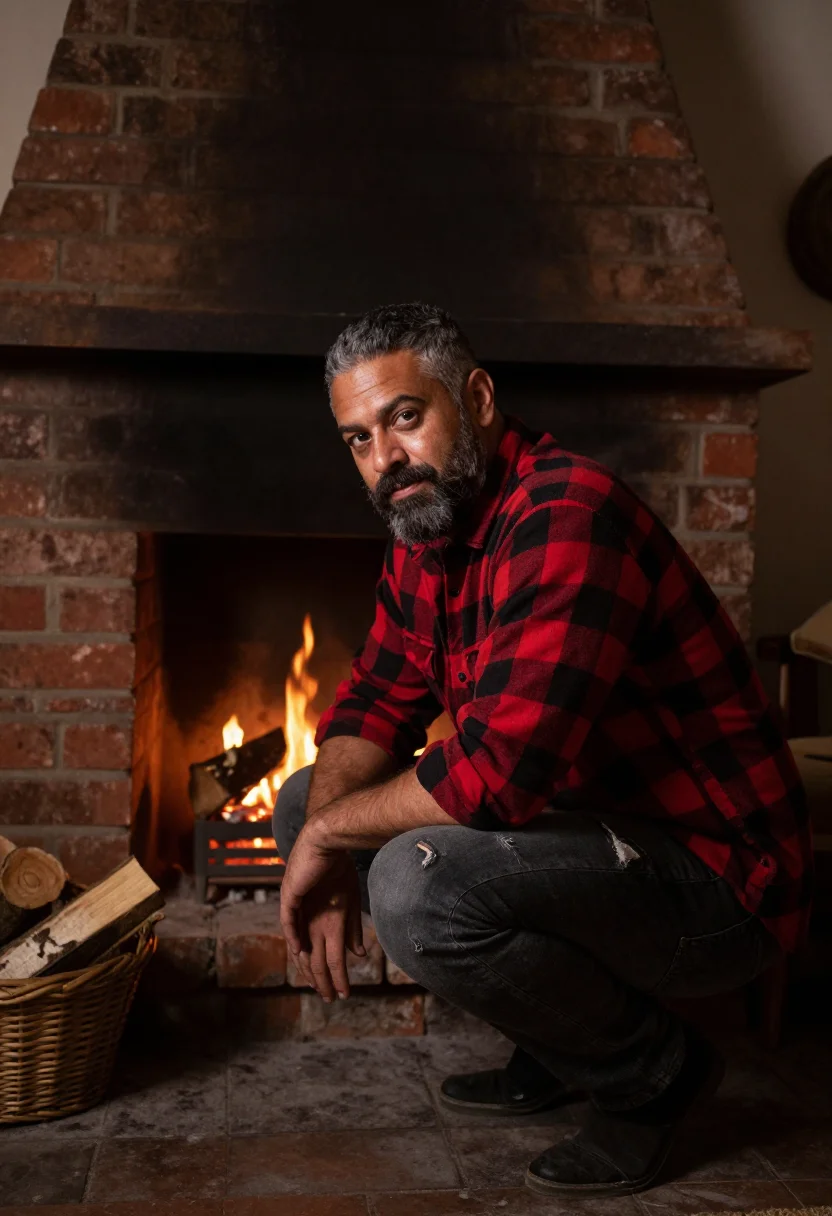 AI fireplace evening sample — portrait of a man, wide crouched portrait of a Southern-Euro