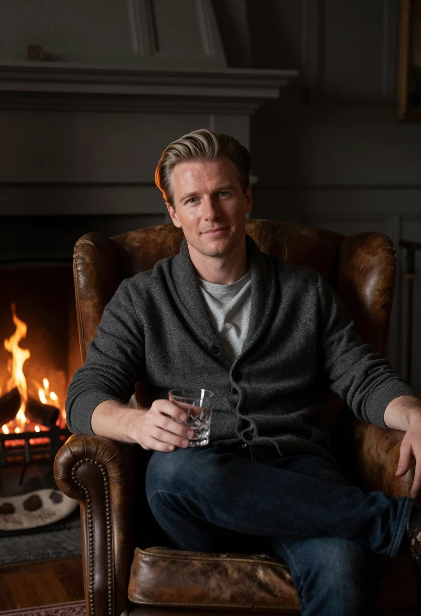 AI fireplace evening sample — portrait of a man, half-length portrait of a Northern-Europe