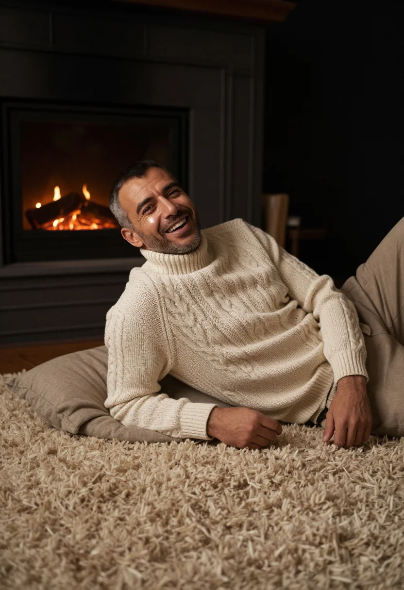 AI fireplace evening sample — portrait of a man, high three-quarter reclining portrait of