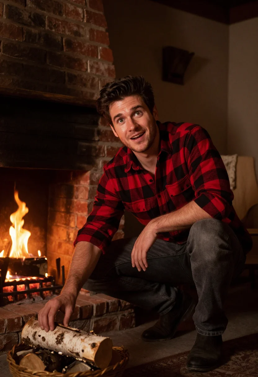 AI fireplace evening sample — portrait of a man, crouched three-quarter portrait of a West