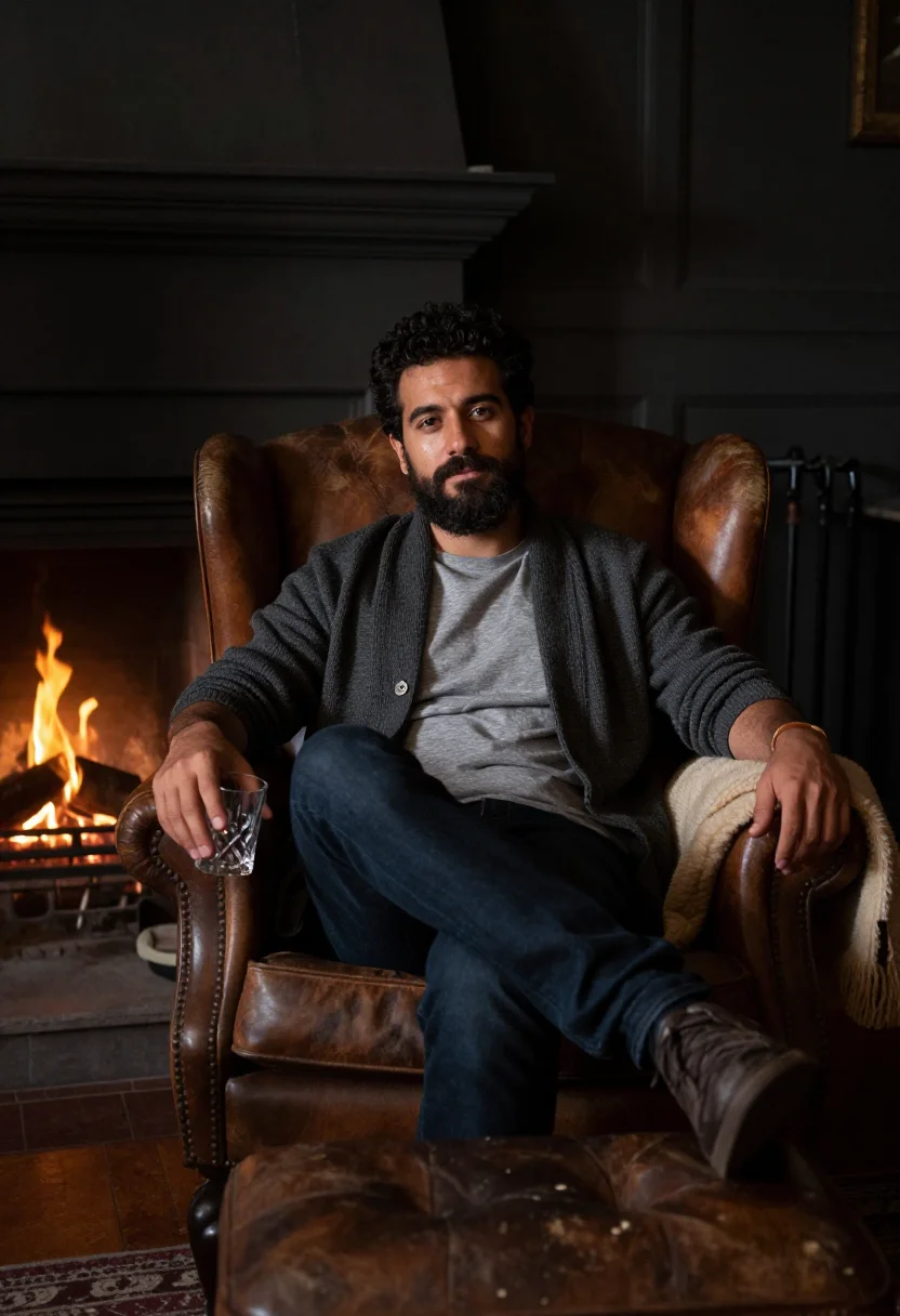 AI fireplace evening sample — portrait of a man, wide seated portrait of a Mediterranean-E