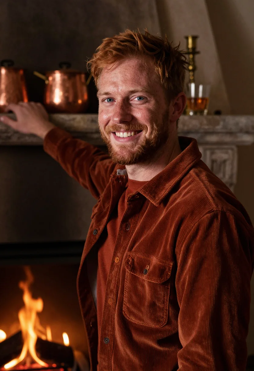 AI fireside rust sample — portrait of a man, upper-chest winter portrait of a Western-