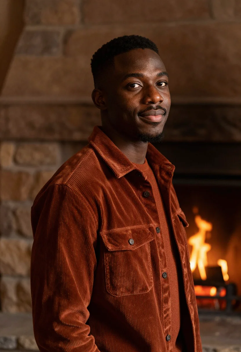 AI fireside rust sample — portrait of a man, chest-up winter portrait of a Black man i
