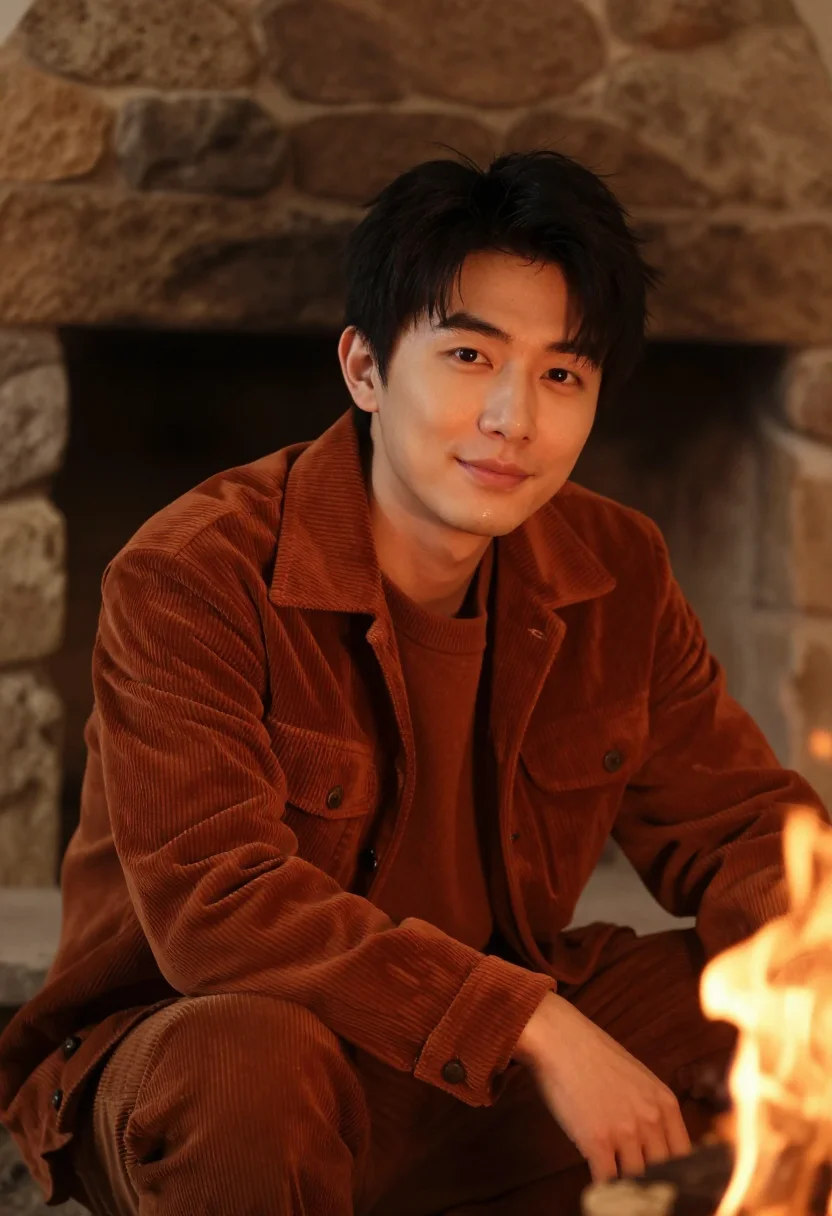 AI fireside rust sample — portrait of a man, upper-chest winter portrait of an East-As