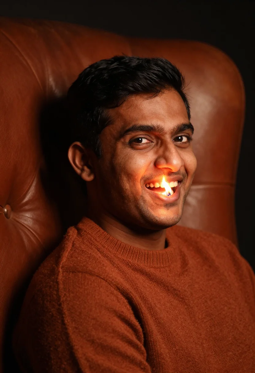 AI fireside rust sample — portrait of a man, tight head-and-shoulders winter portrait