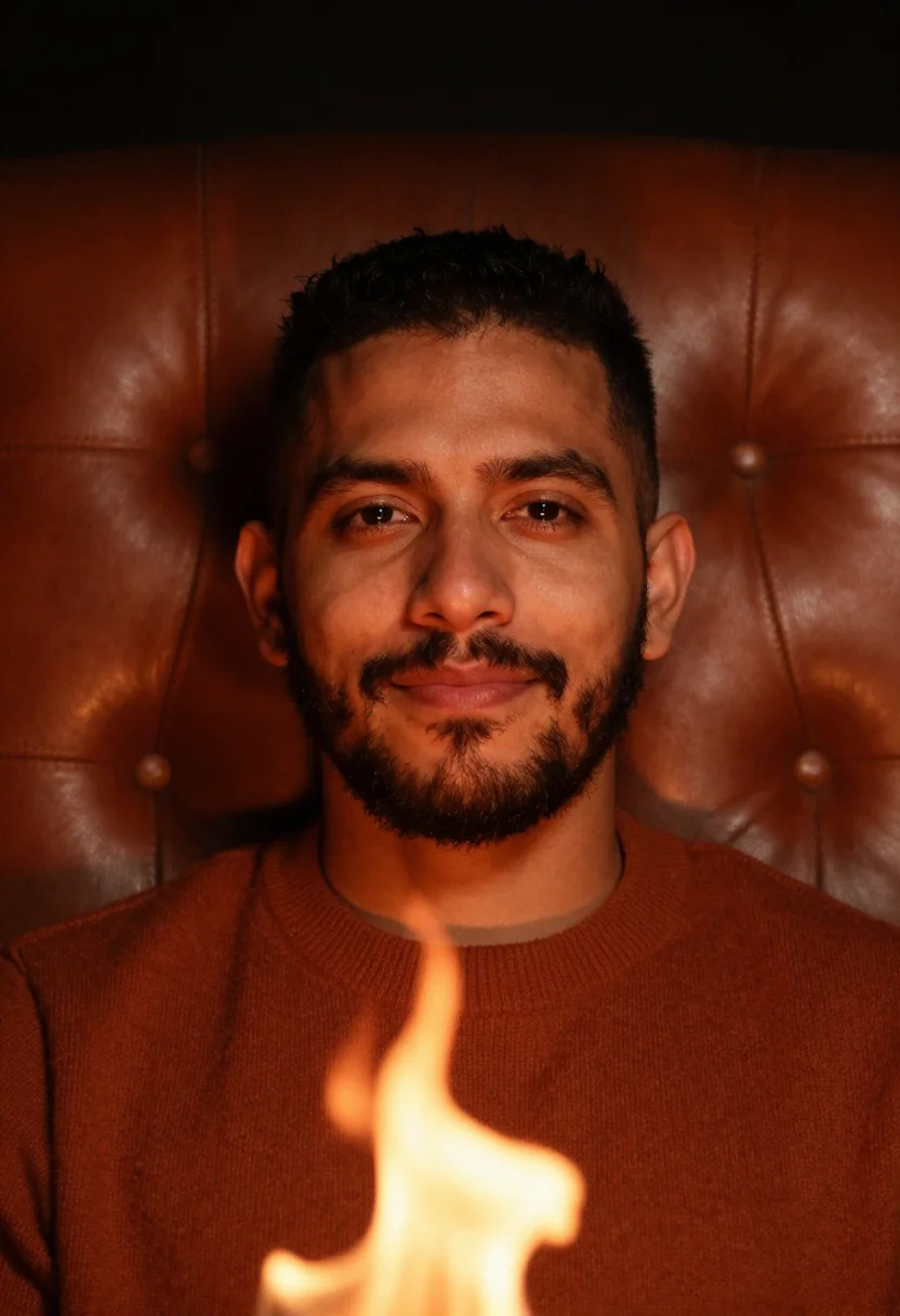 AI fireside rust sample — portrait of a man, tight head-and-shoulders winter portrait