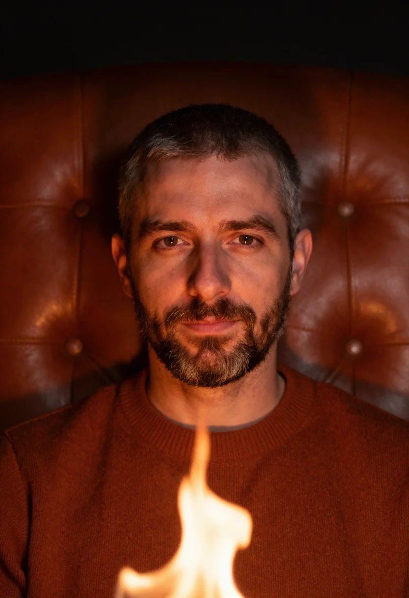 AI fireside rust sample — portrait of a man, tight head-and-shoulders winter portrait