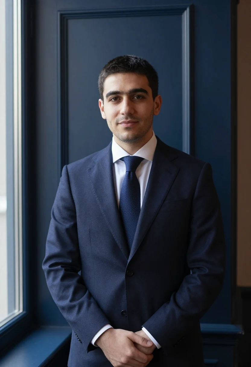 AI first headshot navy suit sample — portrait of a man, framed chest-up, the camera at eye height