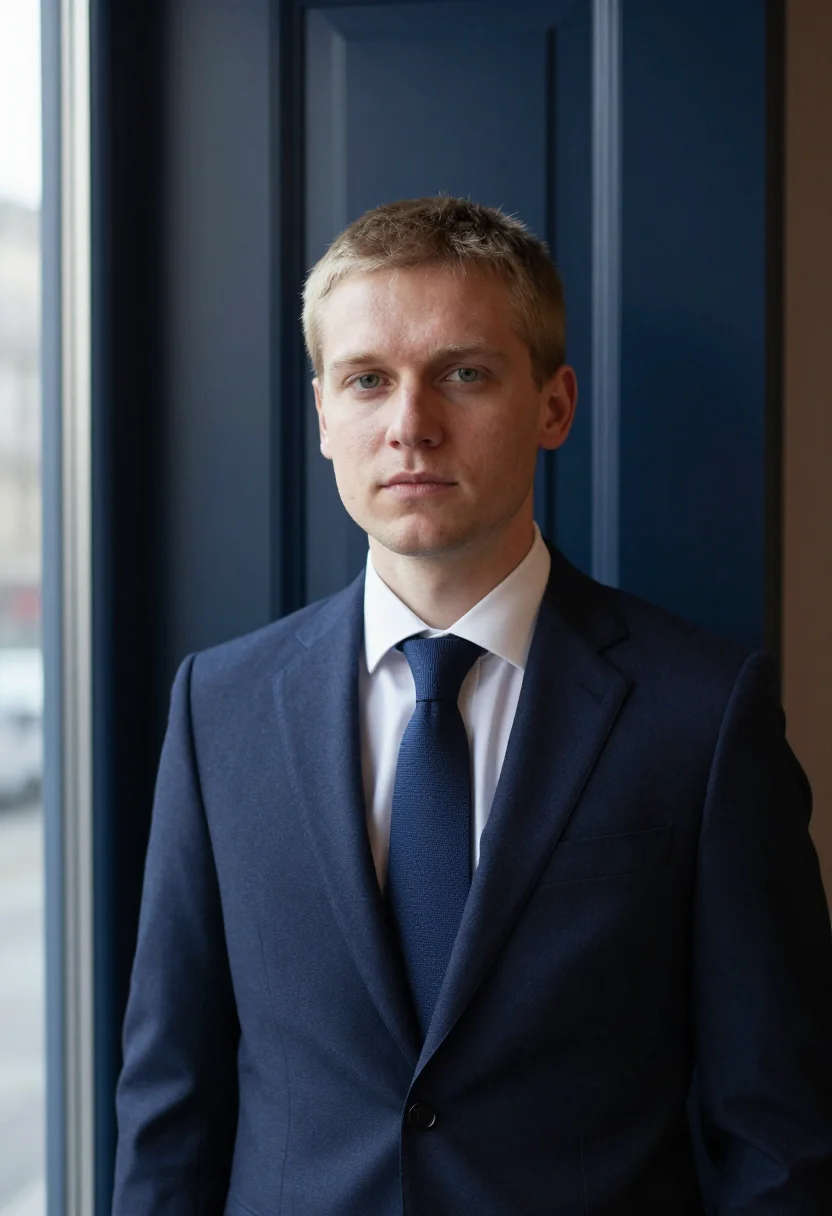AI first headshot navy suit sample — portrait of a man, framed tight, head and shoulders, the bod