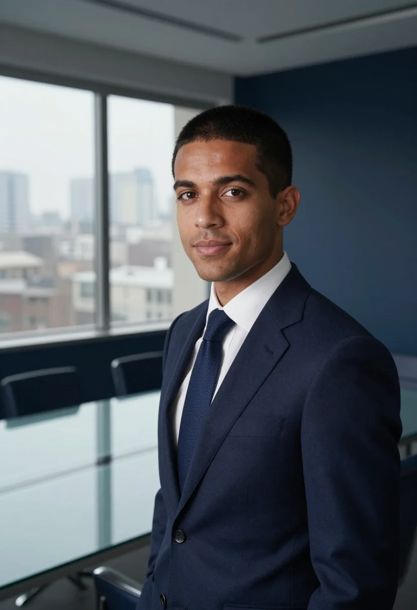 AI first headshot navy suit sample — portrait of a man, framed tight, head and shoulders, the bod