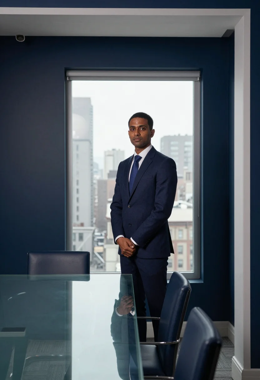 AI first headshot navy suit sample — portrait of a man, framed wide from the doorway at standing