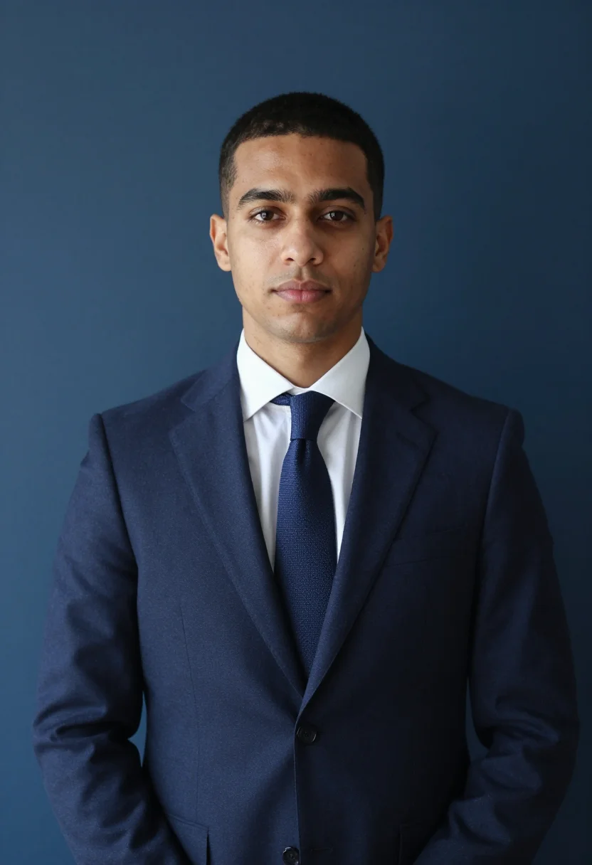 AI first headshot navy suit sample — portrait of a man, framed chest-up, the camera at eye height