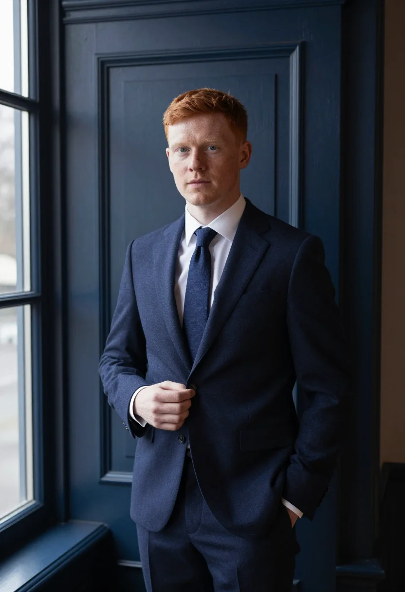 AI first headshot navy suit sample — portrait of a man, framed half-length, from the head to the