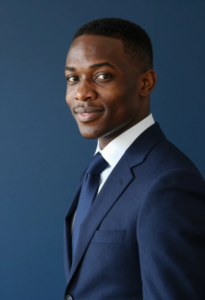 AI first headshot navy suit sample — portrait of a man, framed tight, head and shoulders, the bod