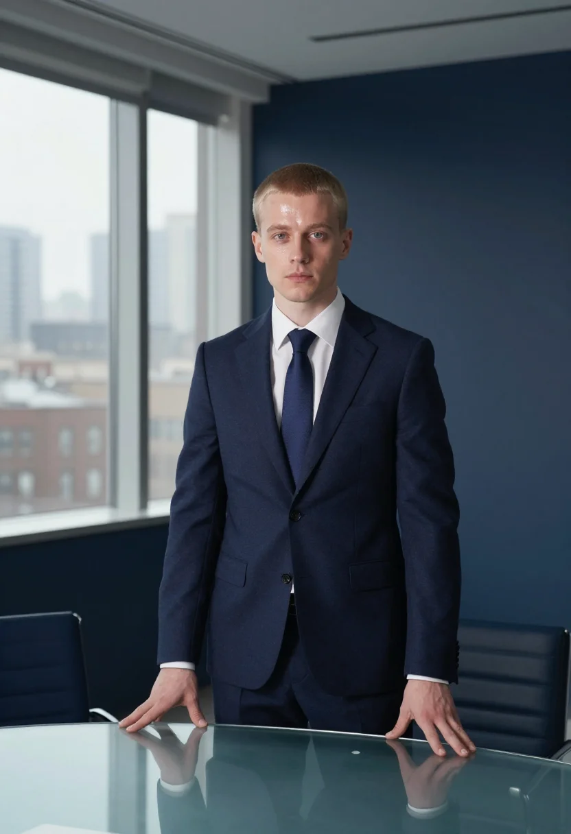 AI first headshot navy suit sample — portrait of a man, framed chest-up, the camera at eye height