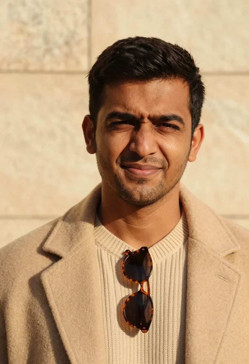 AI first terrace sun sand sample — portrait of a man, tight headshot of a South-Asian man in hi