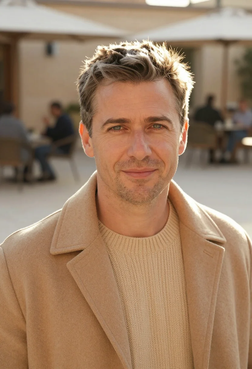 AI first terrace sun sand sample — portrait of a man, tight headshot of a Western-European man