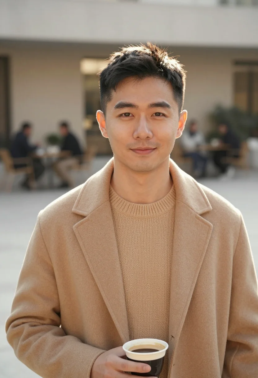 AI first terrace sun sand sample — portrait of a man, head-and-shoulders portrait of an East-As