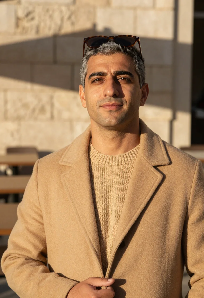 AI first terrace sun sand sample — portrait of a man, head-and-shoulders portrait of a Mediterr