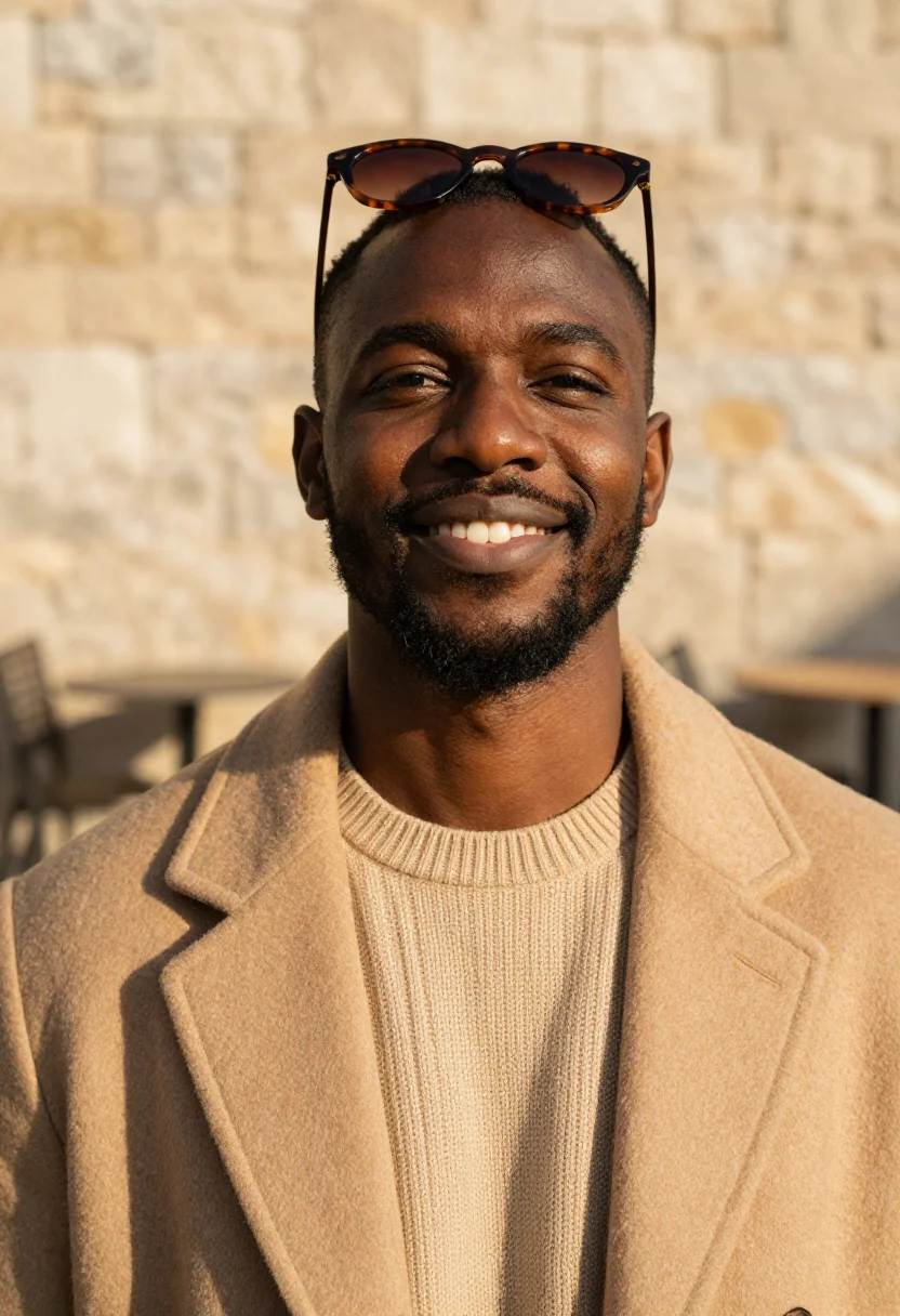 AI first terrace sun sand sample — portrait of a man, tight headshot of a Black man in his earl
