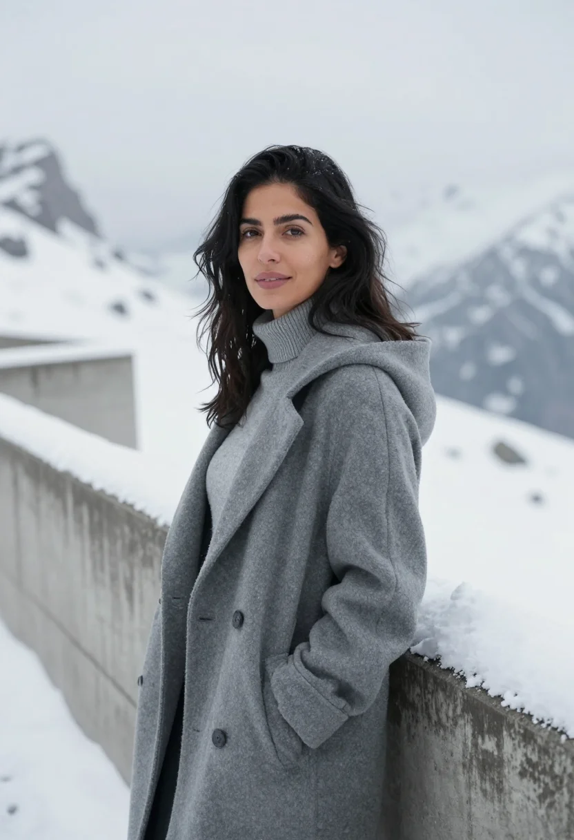 AI flaine breuer concrete snow grey sample — portrait of a woman, framed chest-up with the crop at the ri