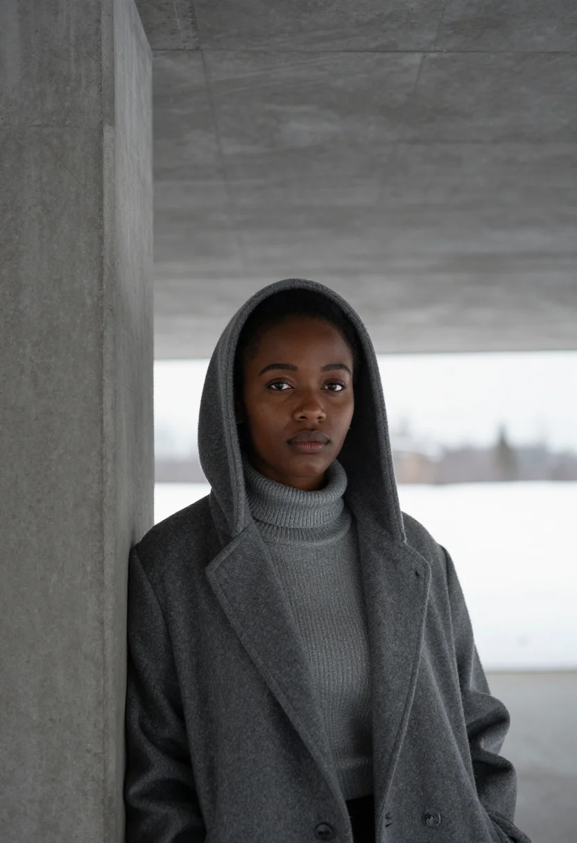 AI flaine breuer concrete snow grey sample — portrait of a woman, framed chest-up with the crop at the ri