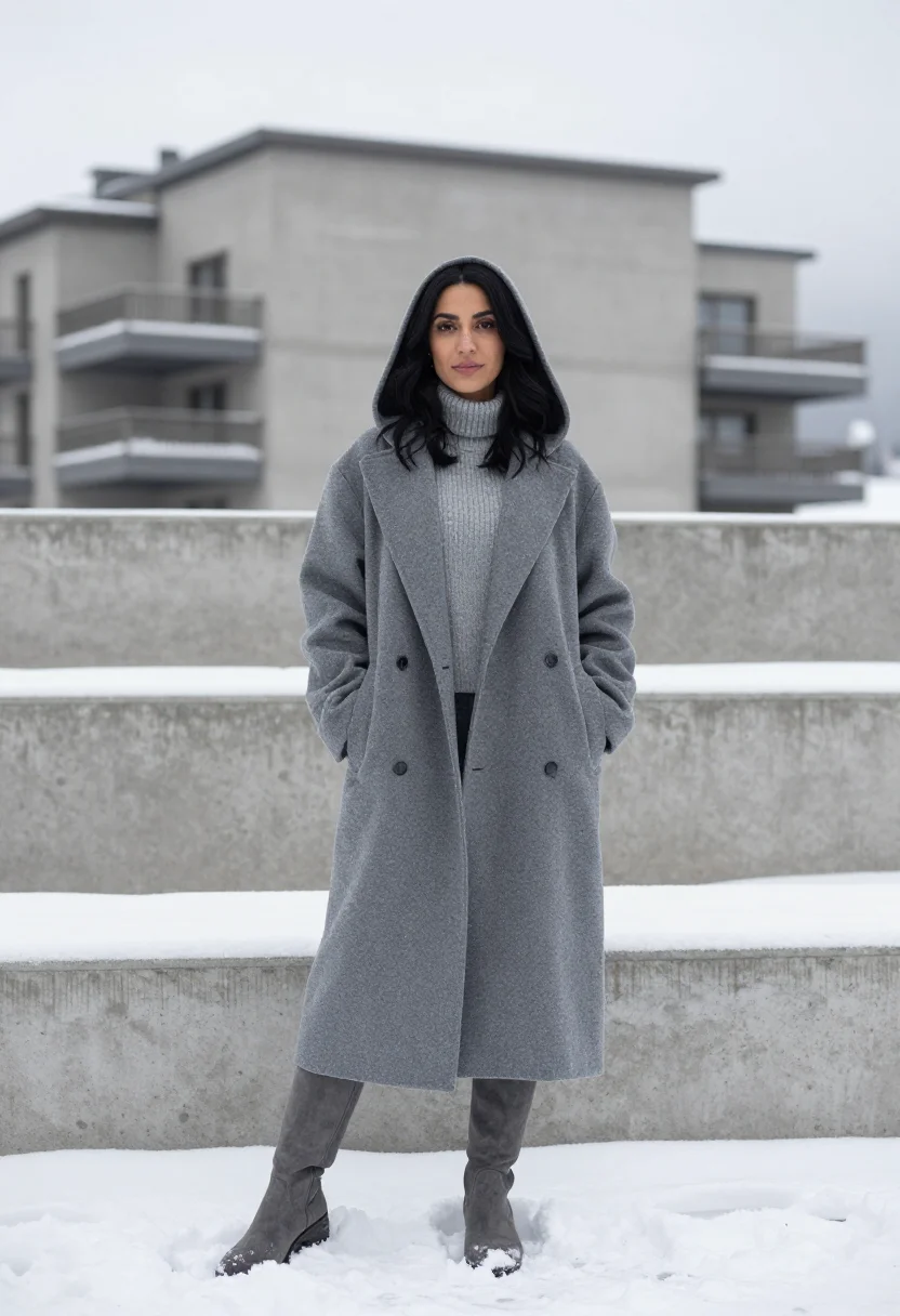 AI flaine breuer concrete snow grey sample — portrait of a woman, framed full-length from the crown to th