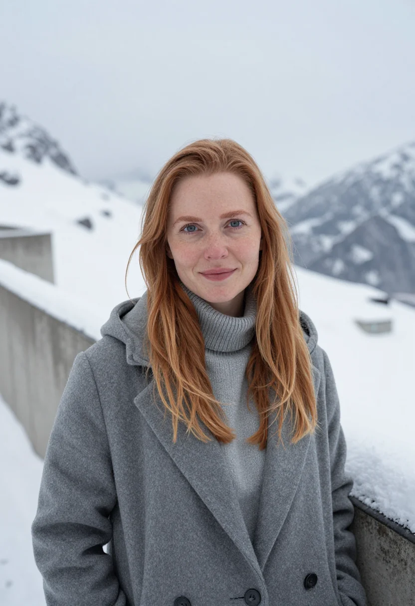 AI flaine breuer concrete snow grey sample — portrait of a woman, framed tight, head and shoulders, the b