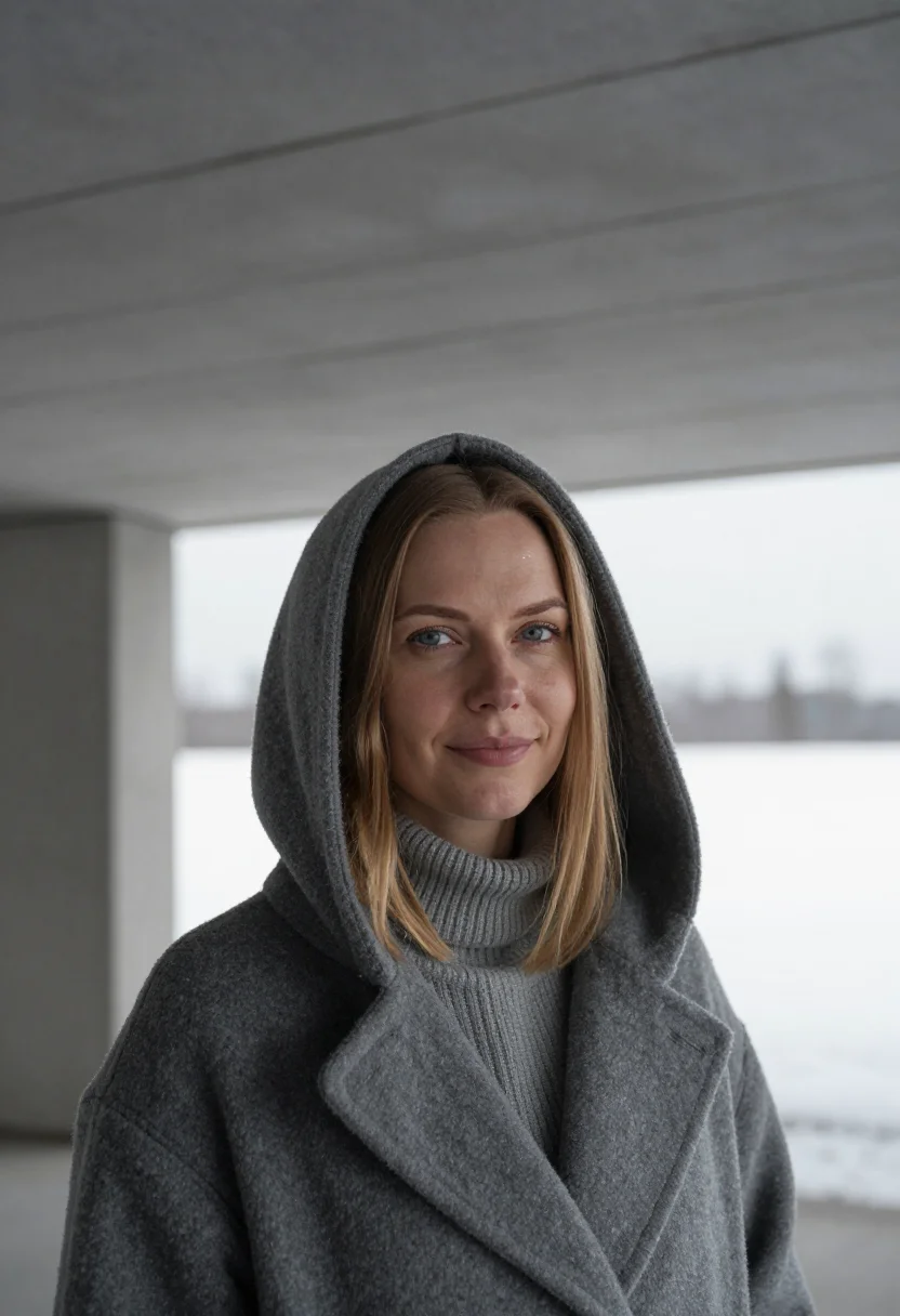 AI flaine breuer concrete snow grey sample — portrait of a woman, framed tight, head and shoulders, the b