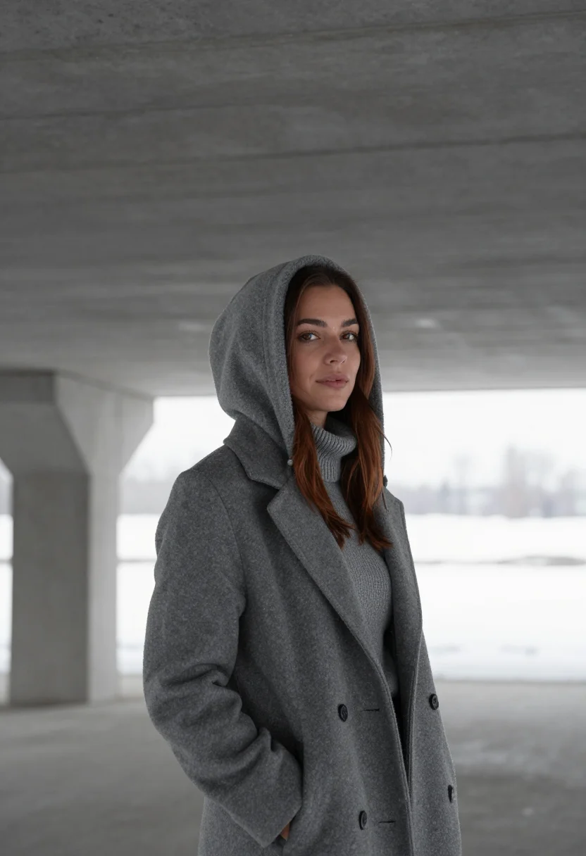 AI flaine breuer concrete snow grey sample — portrait of a woman, framed half-length from the crown to th
