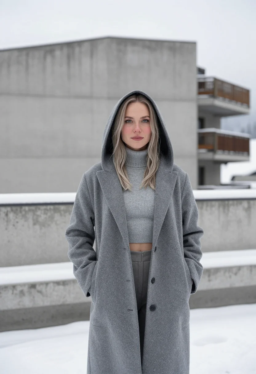 AI flaine breuer concrete snow grey sample — portrait of a woman, framed chest-up with the crop at the ri
