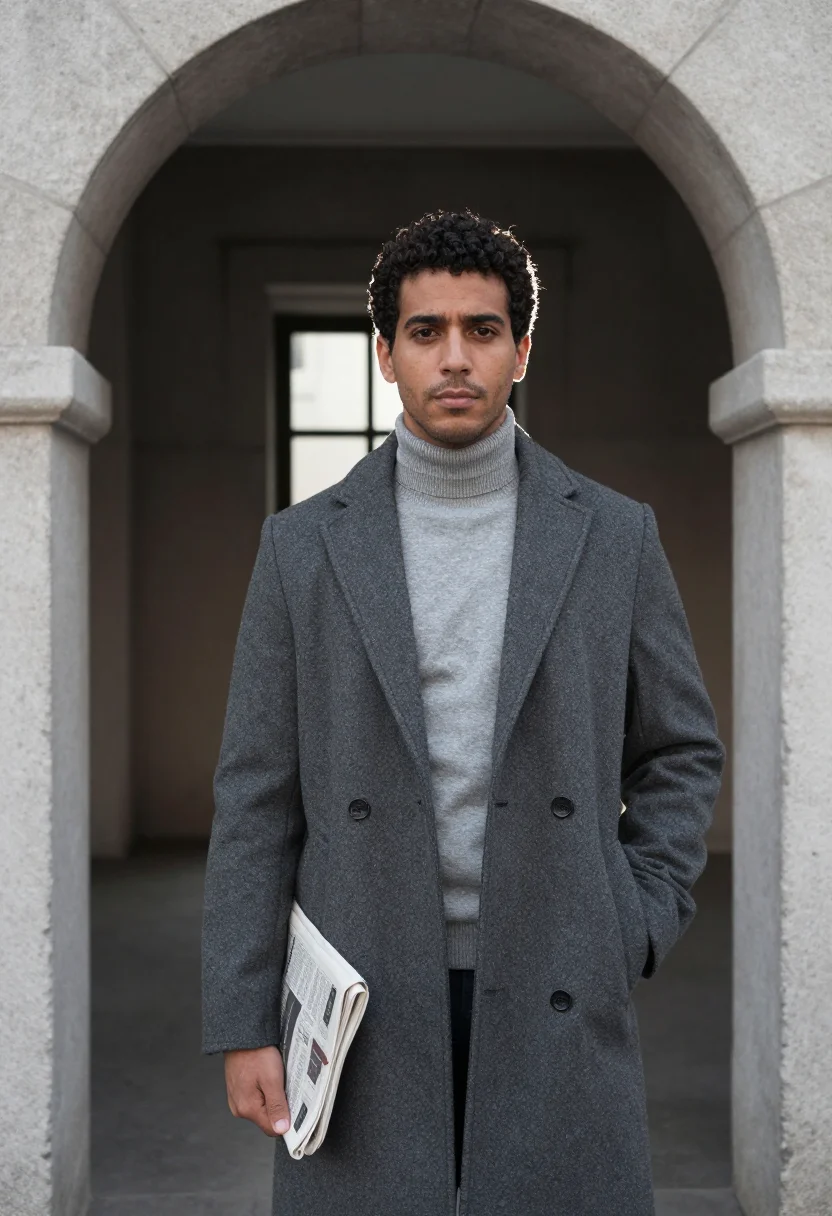 AI flannel grey sample — portrait of a man, waist-up portrait of a Mediterranean man