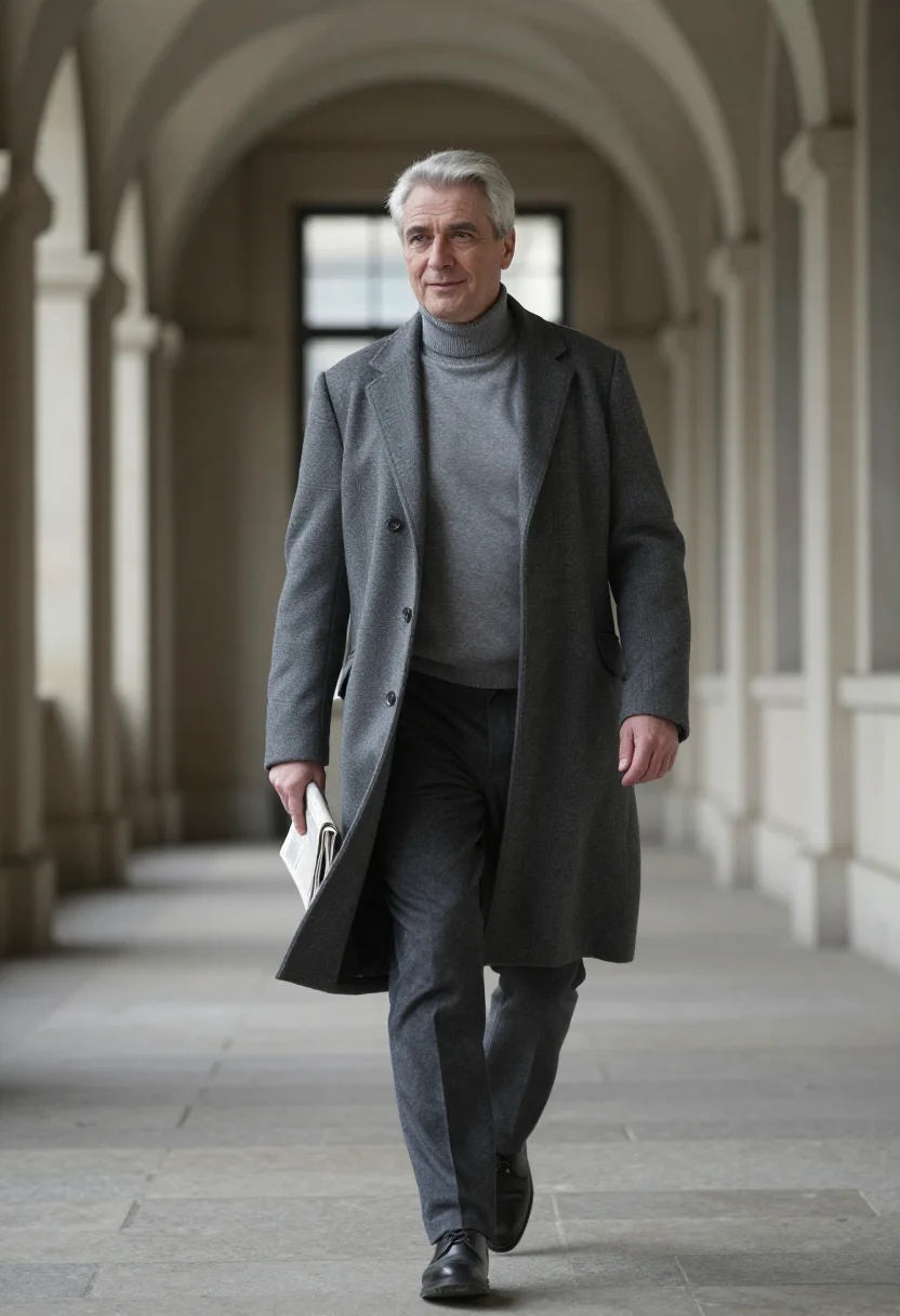 AI flannel grey sample — portrait of a man, walking three-quarter portrait of a Weste