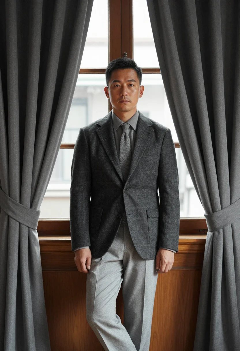 AI flannel grey sample — portrait of a man, three-quarter standing portrait of an Eas
