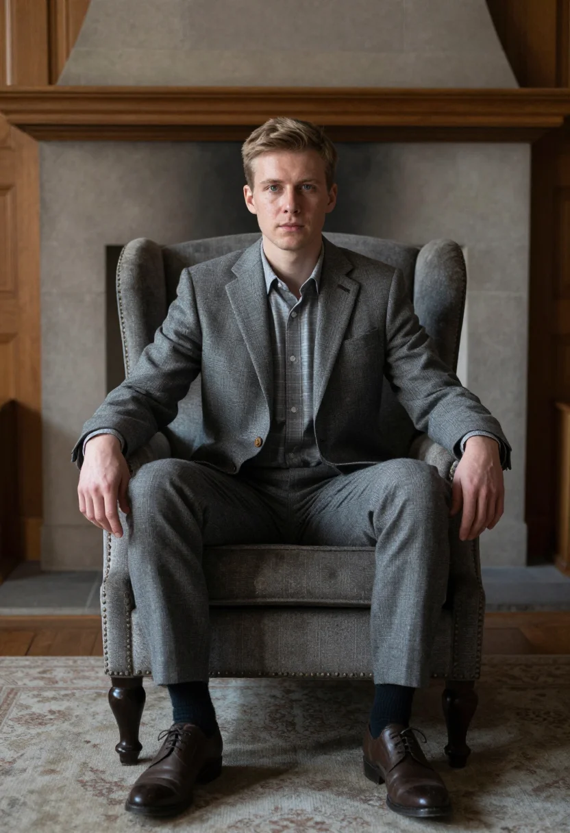 AI flannel grey sample — portrait of a man, wide seated portrait of a Northern-Europe