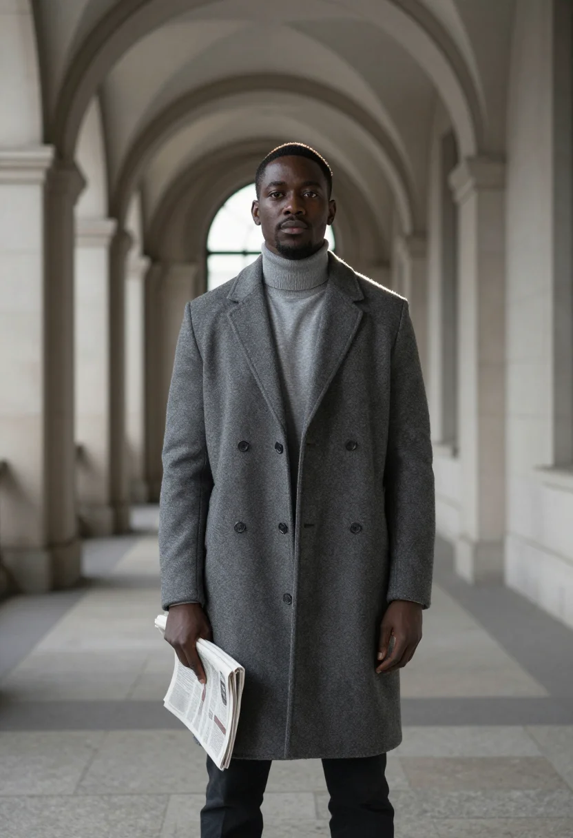 AI flannel grey sample — portrait of a man, full-length corridor portrait of a Black