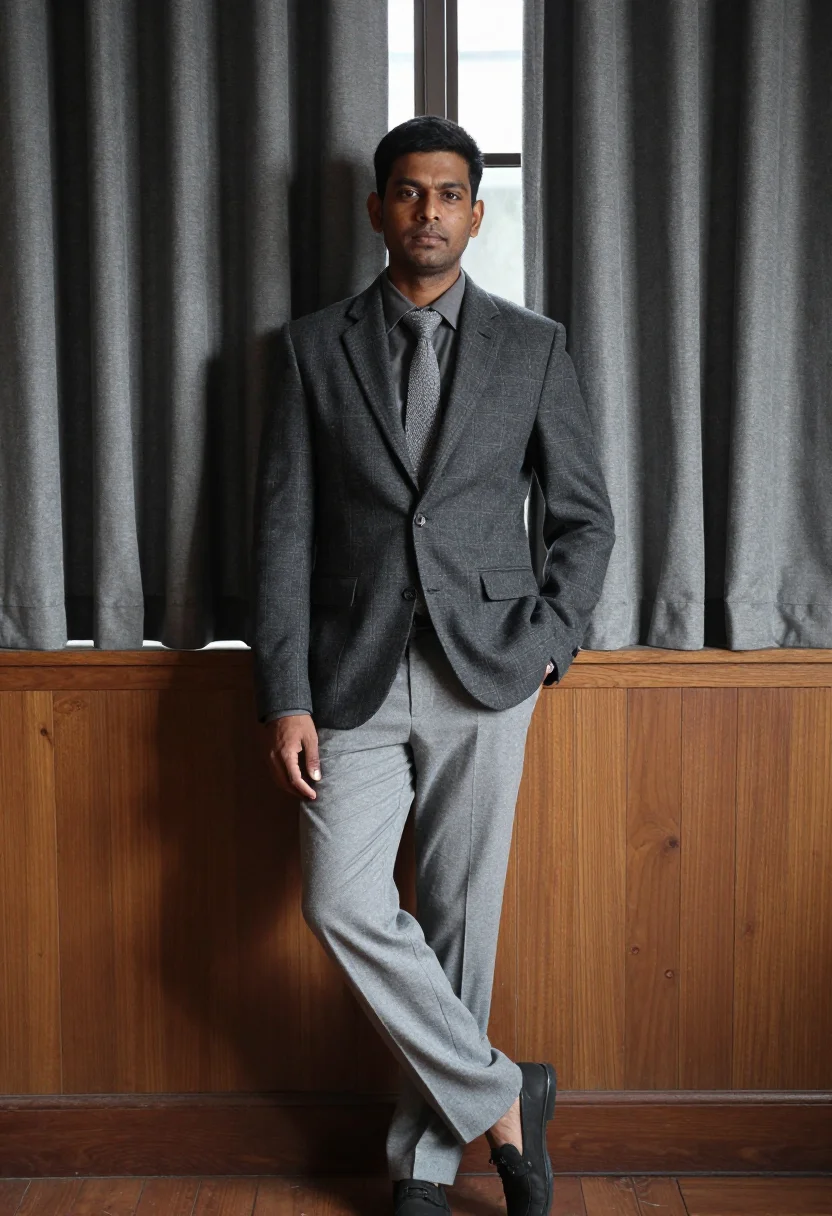 AI flannel grey sample — portrait of a man, full-length standing portrait of a South-