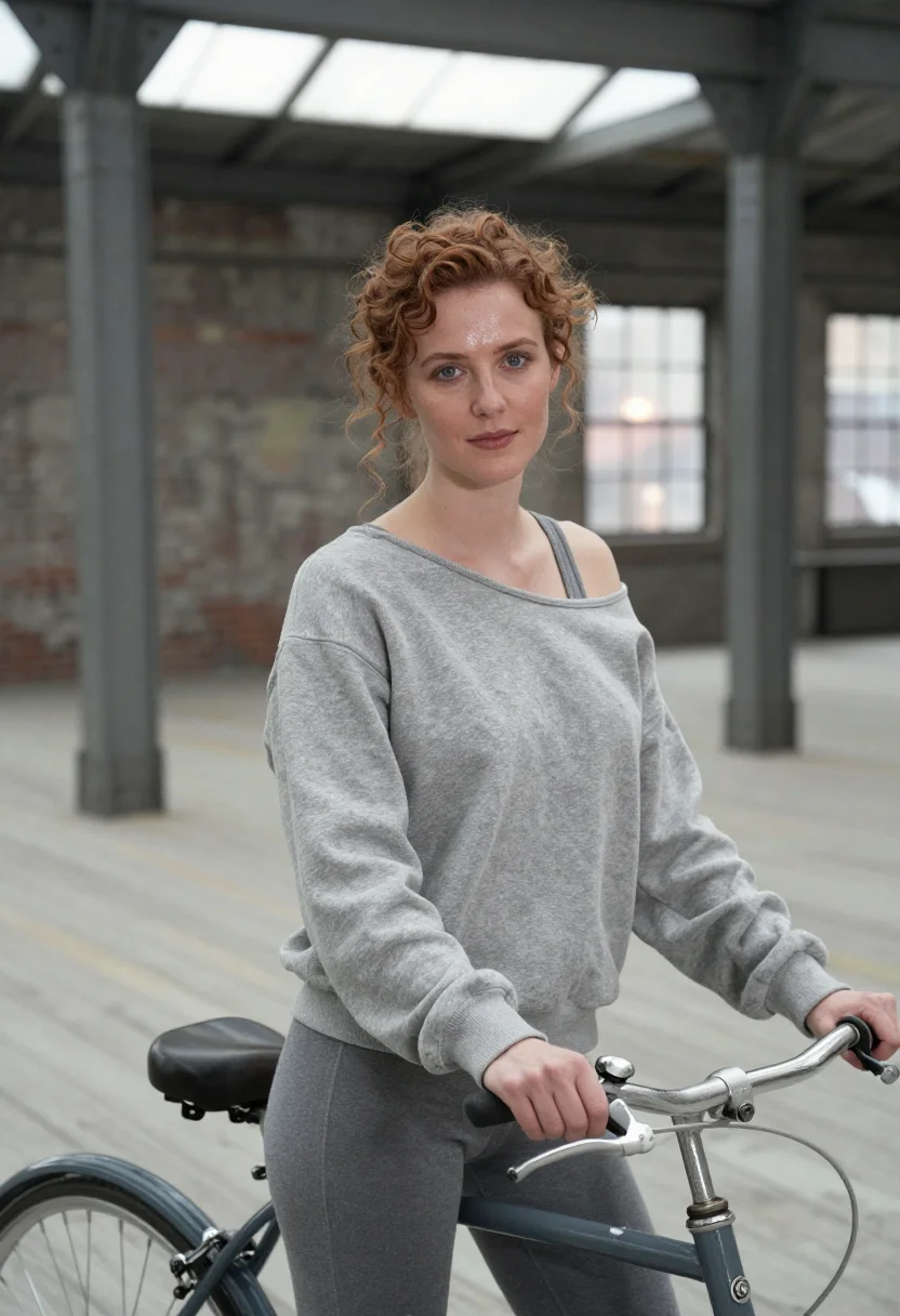 AI flashdance pittsburgh off shoulder grey sample — portrait of a woman, a woman in her early twenties of Scotti
