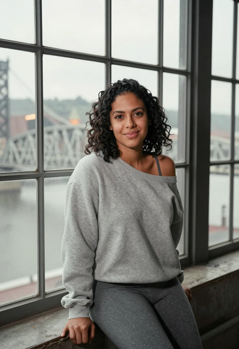 AI flashdance pittsburgh off shoulder grey sample — portrait of a woman, a woman in her mid-twenties of Puerto R