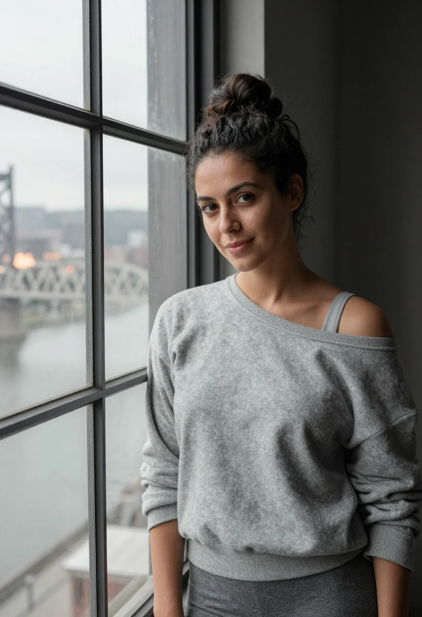 AI flashdance pittsburgh off shoulder grey sample — portrait of a woman, a woman in her late twenties of Italian