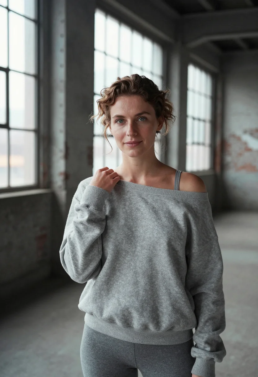 AI flashdance pittsburgh off shoulder grey sample — portrait of a woman, a woman in her early twenties of Polish
