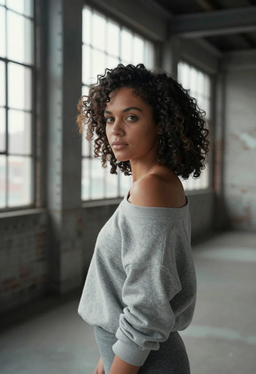 AI flashdance pittsburgh off shoulder grey sample — portrait of a woman, a woman in her mid-twenties of mixed Af