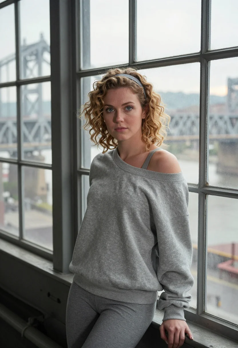 AI flashdance pittsburgh off shoulder grey sample — portrait of a woman, a woman in her early twenties of Slovak