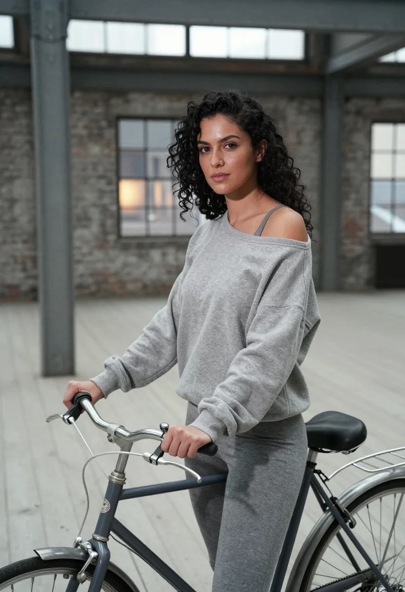 AI flashdance pittsburgh off shoulder grey sample — portrait of a woman, a woman in her late twenties of Greek d